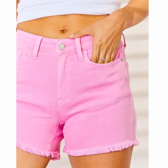 Pink Judy Blue Full Size High Waist Fray Hem Denim Shorts - Picture 1 of 14